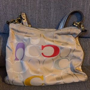 Coach Beige Signature 'C' Shoulder Bag with Multicolor Letter Accents